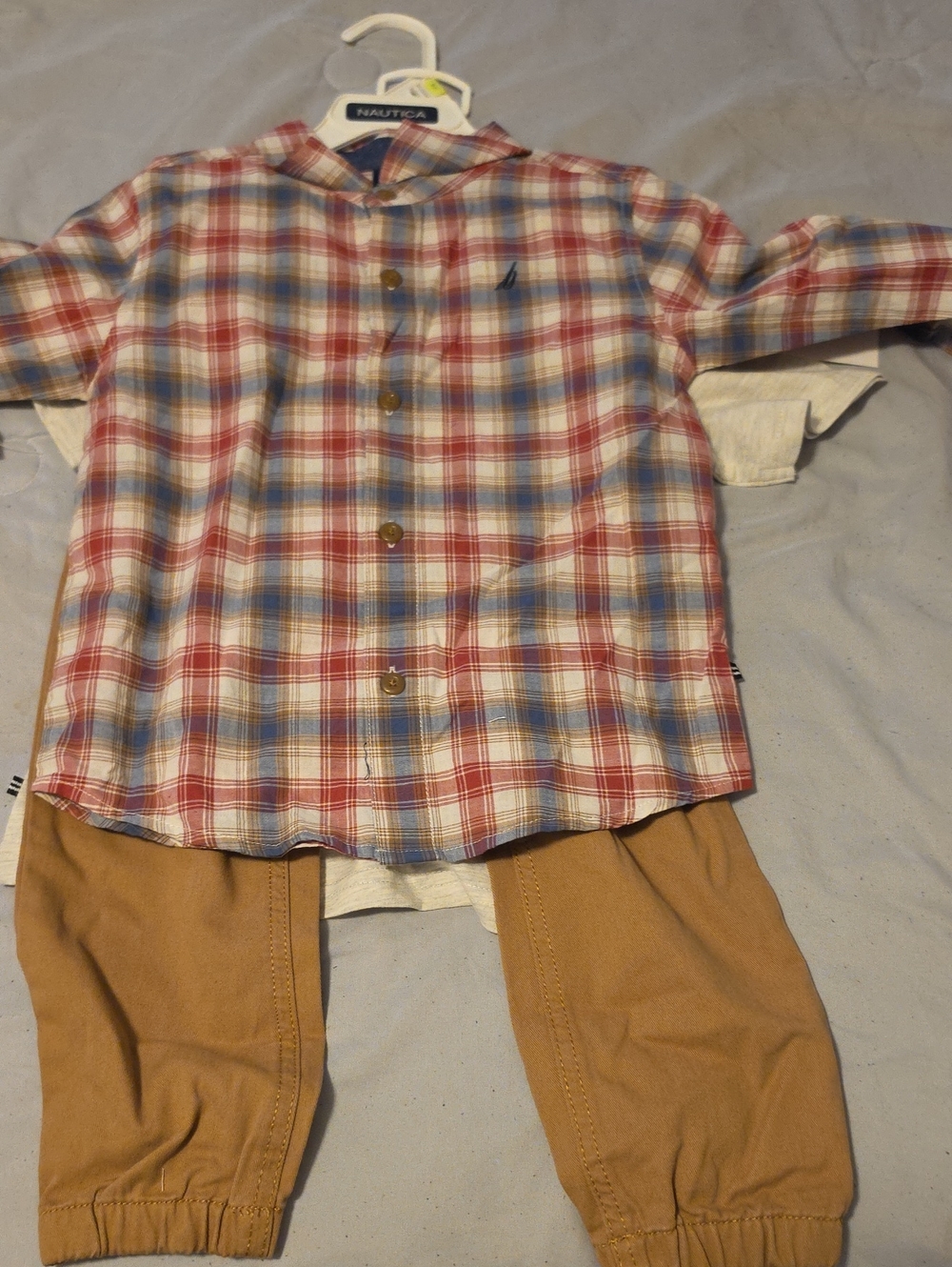 3 Piece Set Nautica Red, Blue & White Plaid Button-Down Shirt With Dark Khaki
